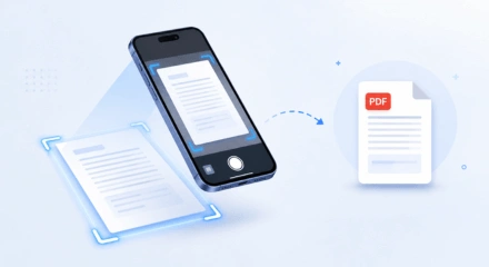 Smartphone scanning a paper document with edge detection to create a PDF file
